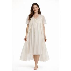 Vintage 1960s–1970s Avian Ivory Sheer Peignoir Robe & Nightgown Set medium